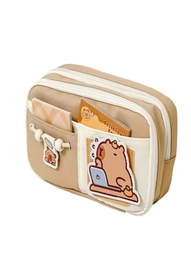 Buybeat Pencil Case Pouch for Girls & Boys Aesthetic Multi-Compartment Zipper Pouch with Drawstring Pocket, Cute Kawaii Pencil Case, Stylish Stationery Bag for School, College & Office Use (Brown) - Image 1