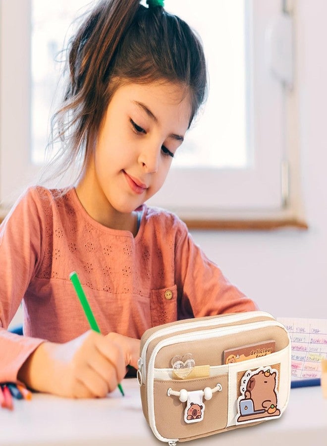 Buybeat Pencil Case Pouch for Girls & Boys Aesthetic Multi-Compartment Zipper Pouch with Drawstring Pocket, Cute Kawaii Pencil Case, Stylish Stationery Bag for School, College & Office Use (Brown) - Image 5
