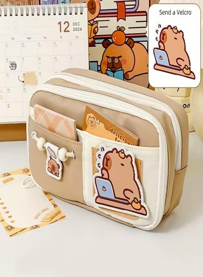 Buybeat Pencil Case Pouch for Girls & Boys Aesthetic Multi-Compartment Zipper Pouch with Drawstring Pocket, Cute Kawaii Pencil Case, Stylish Stationery Bag for School, College & Office Use (Brown) - Image 2