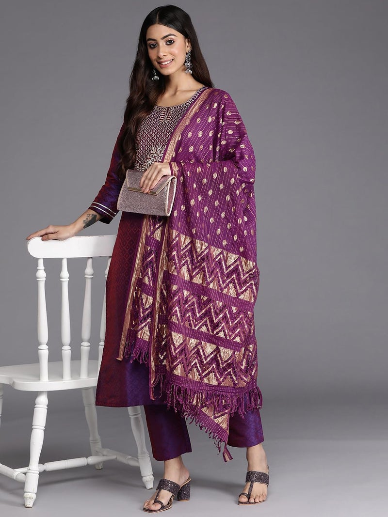 Varanga women Purple Embroidered Kurta Paired With Tonal Bottom And Dupatta - Image 5