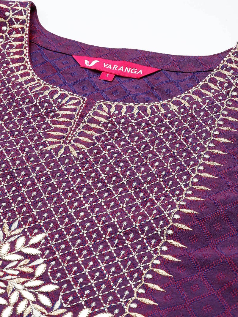 Varanga women Purple Embroidered Kurta Paired With Tonal Bottom And Dupatta - Image 4