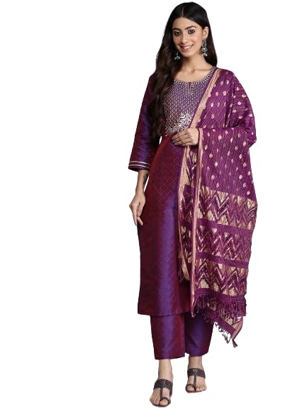 Varanga women Purple Embroidered Kurta Paired With Tonal Bottom And Dupatta - Image 1