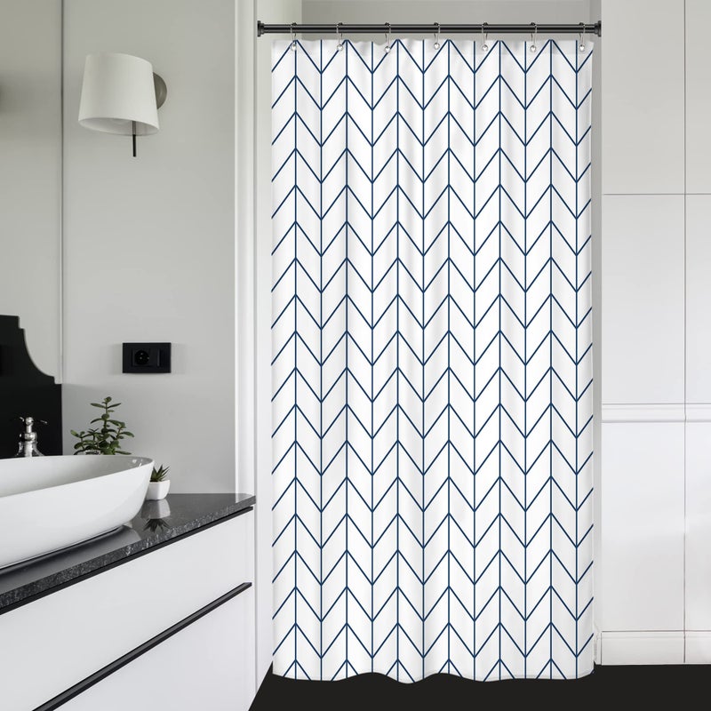 Riyidecor Navy Blue White Stall Small Width Shower Curtain Liner Stripes Half Size 36x72 Inch Single Narrow Tiny Geometric Chevron Herringbone Dorm Decor Fabric Bathroom Set Polyester Waterproof - Image 2