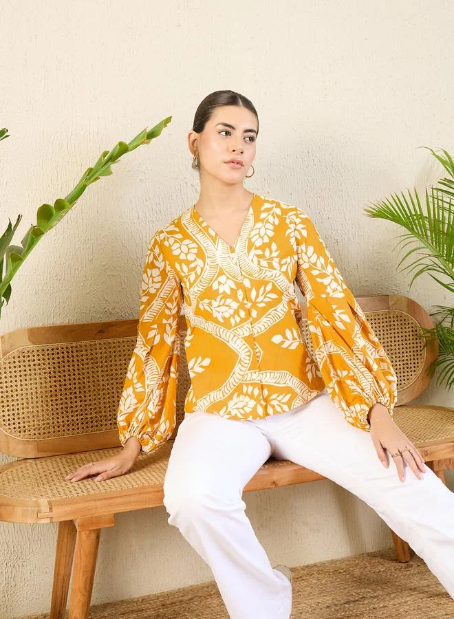 Uptownie Orange Floral Print Shirt with Balloon Sleeves