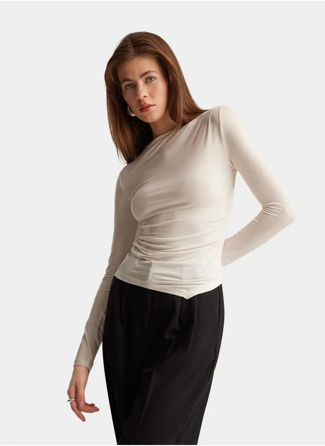 DeFacto DeFacto Women's Beige Long Sleeve Knitted Slim Fit Crew Neck T-Shirt