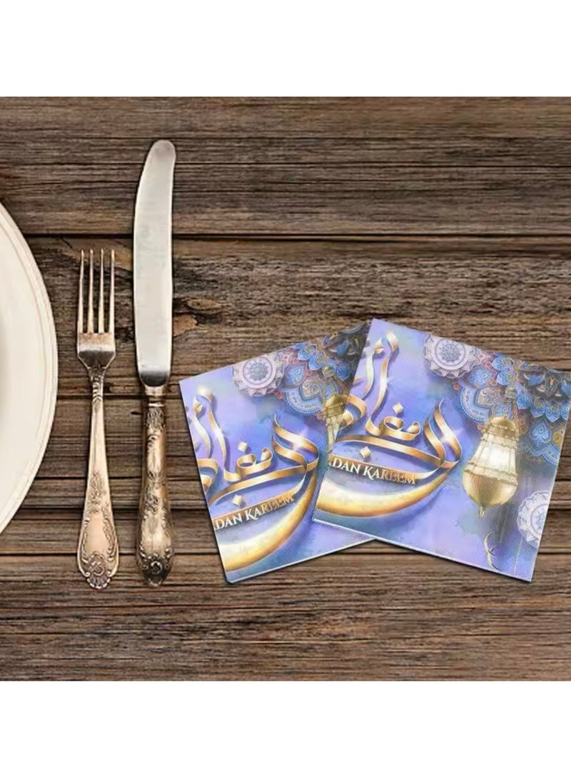 Generic 1 Pack of Ramadan Kareem Paper Napkins 20pcs, Purple Golden Color Festive Holy Month Tableware Disposable Tissues for Iftar Party Table Setting Decoration Event Dinner  - Image 3