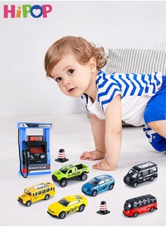 HIPOP Alloy Pull Back Car Toys Set 6 Piece with Gas Station Toy,Play Vehicles with Sound and Light,Toys Car Set for Boys.  - Image 5