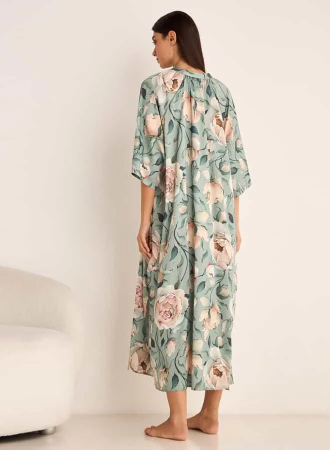 Splash FAV Floral Print Night Dress with Collar and 3/4 Sleeves