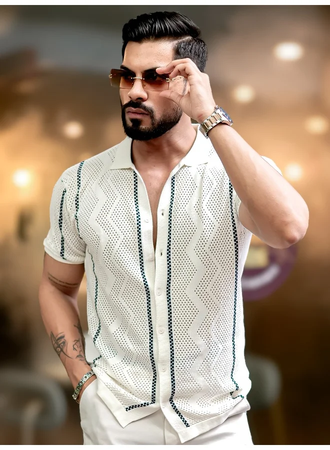 Maniac Mens 3/4th Sleeve White ZigZag Flat Knit Cotton Shirt