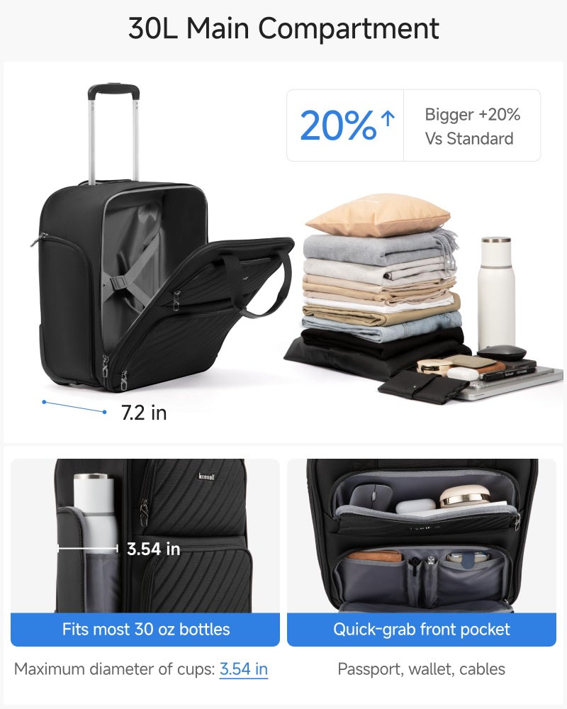 LUGGEX Underseat Carry On Luggage with Wheels, UDK-Plus Large-Capacity Lightweight Soft Sided Personal Item Suitcase for Short Trips (UX-Plus, Black, 16 Inch) - Image 3