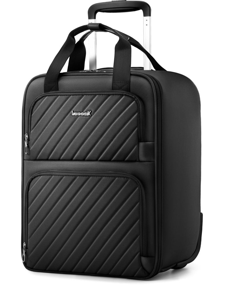 LUGGEX Underseat Carry On Luggage with Wheels, UDK-Plus Large-Capacity Lightweight Soft Sided Personal Item Suitcase for Short Trips (UX-Plus, Black, 16 Inch) - Image 1