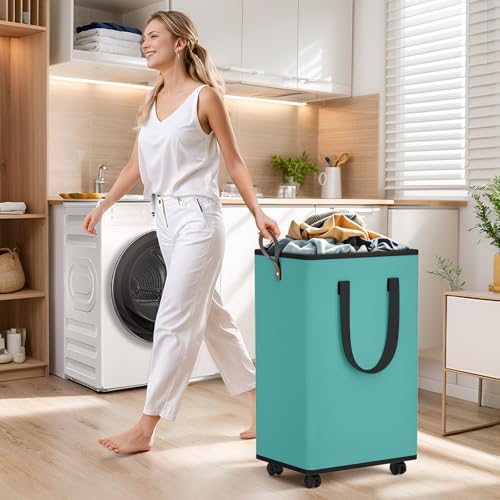 SpaceTrove Laundry Basket with Wheels, Collapsible Laundry Baskets, Laundry Hamper with Handles Detachable Wheels, Rolling Laundry Basket, Dirty Clothes Hamper for Bathroom, Dorm, Bedroom, Green, 80L - Image 3