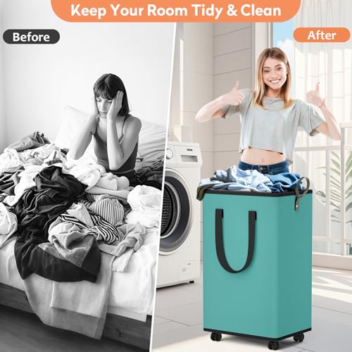 SpaceTrove Laundry Basket with Wheels, Collapsible Laundry Baskets, Laundry Hamper with Handles Detachable Wheels, Rolling Laundry Basket, Dirty Clothes Hamper for Bathroom, Dorm, Bedroom, Green, 80L - Image 5