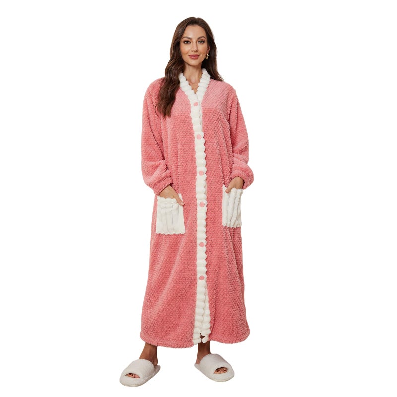 RONGTAI Womens Robe Long Soft Plush Bathrobe with Pockets Cozy Warm Button Down Night Gowns Pink S - Image 1
