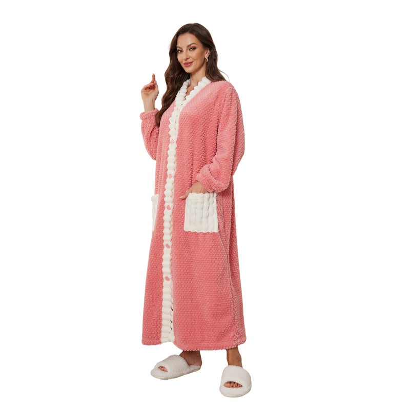 RONGTAI Womens Robe Long Soft Plush Bathrobe with Pockets Cozy Warm Button Down Night Gowns Pink S - Image 2