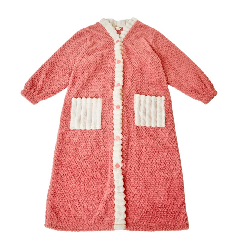 RONGTAI Womens Robe Long Soft Plush Bathrobe with Pockets Cozy Warm Button Down Night Gowns Pink S - Image 4