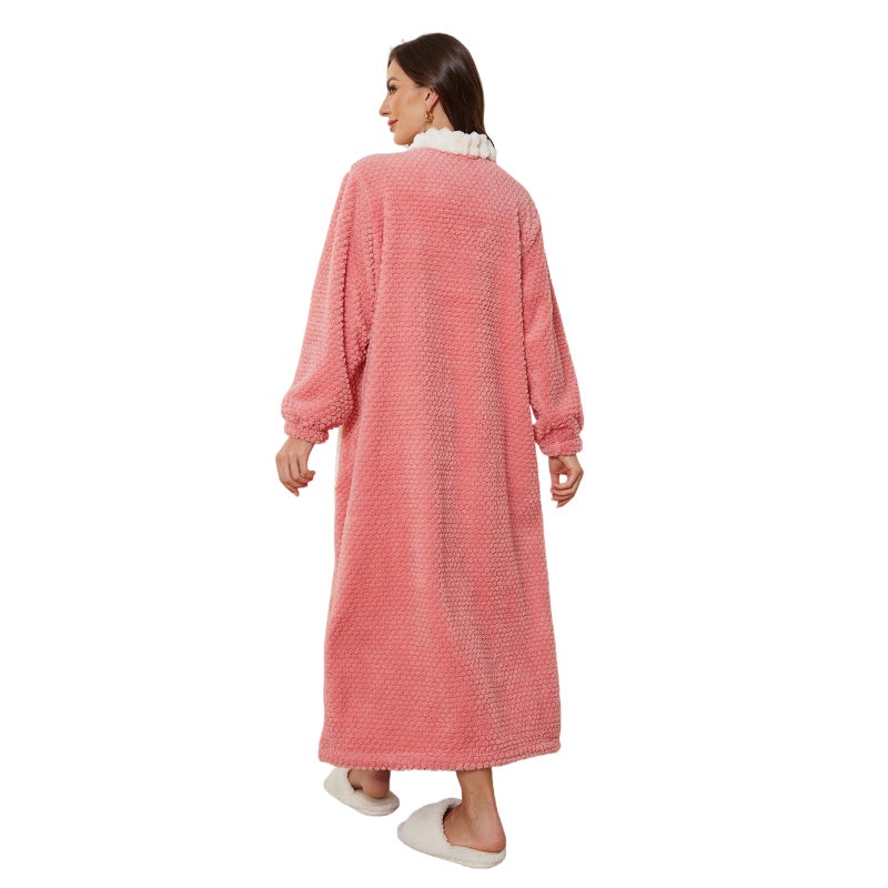 RONGTAI Womens Robe Long Soft Plush Bathrobe with Pockets Cozy Warm Button Down Night Gowns Pink S - Image 3