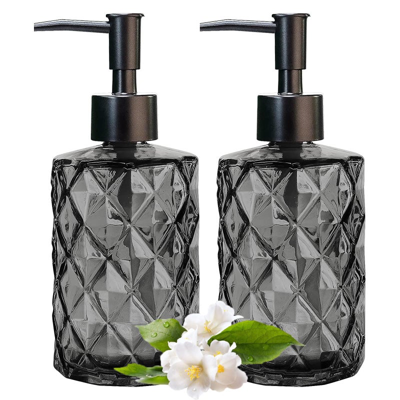2 Pcs Glass Soap Dispenser Set for Bathroom 11oz Glass Soap Bottles with Plastic Pump Kitchen Dish Soap Dispenser Set HandPump Dispenser for Liquid Hand Soap Lotion Essential Oil Black