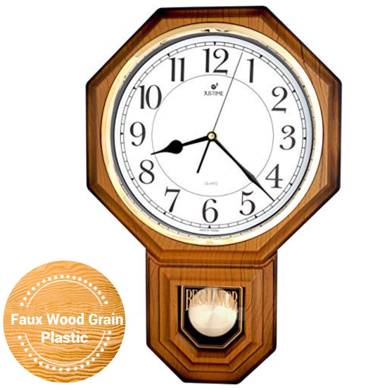 JUSTIME Traditional Schoolhouse Easy to Read Pendulum Plastic Wall Clock Chimes Every Hour with Westminster Melody Made in Taiwan 4AA Batteries Included PP0258WLW Light Wood Grain