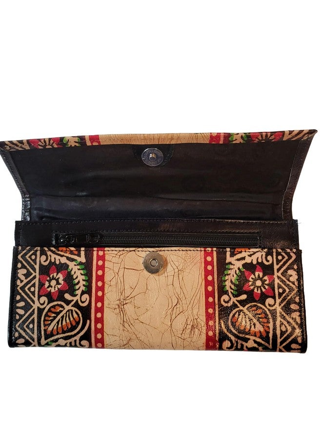 CLASSIQUE Shantiniketan Batik Print Leather 10inch Large Clutch Handpurse For Women (Black) - Image 3
