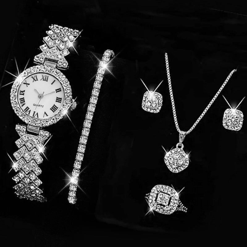 كوارتز طقم ساعة نسائية أنيقة بأرقام رومانية مرصعة بالماس - Image 4