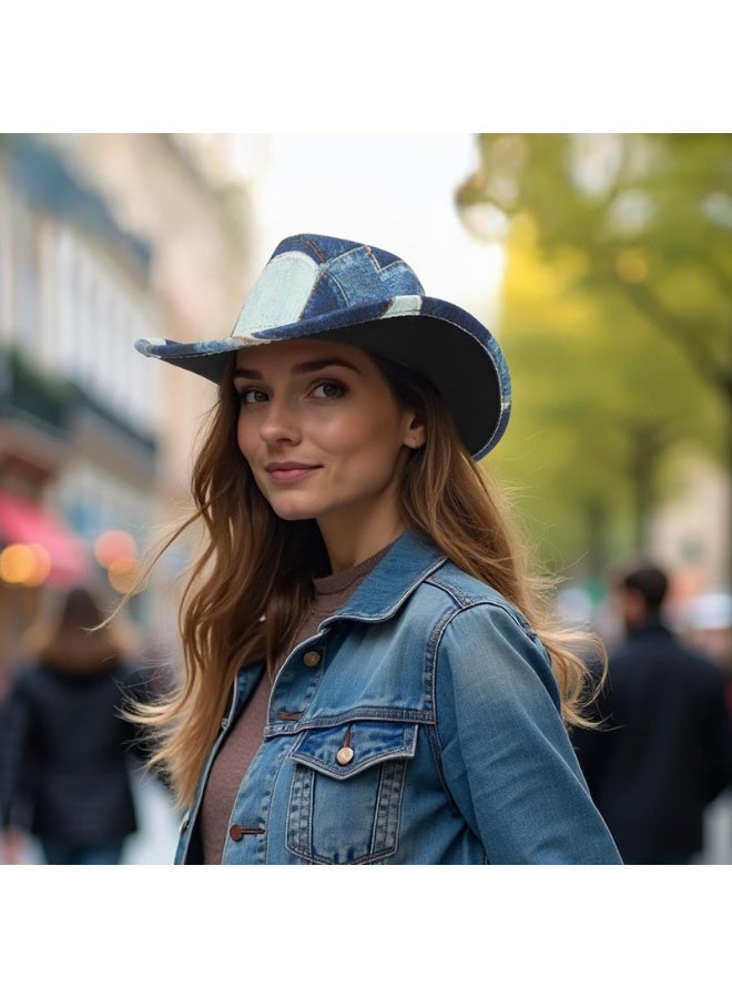 Denim Patchwork Cowboy Hat, Western Style, Blue & Light Wash, 56-58 cm - Image 5