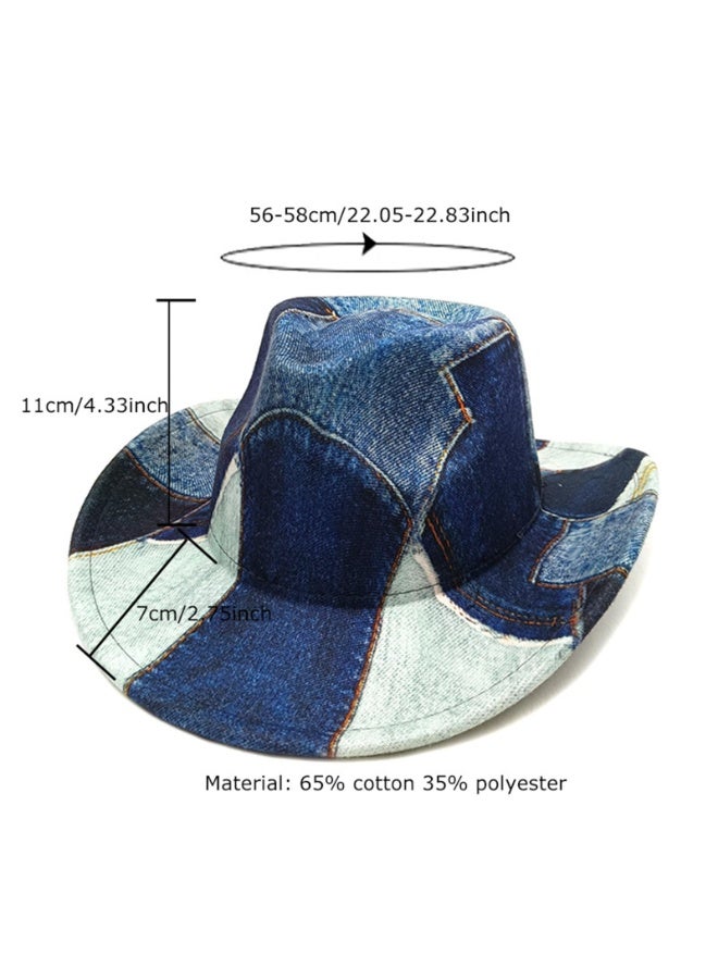 Denim Patchwork Cowboy Hat, Western Style, Blue & Light Wash, 56-58 cm - Image 3