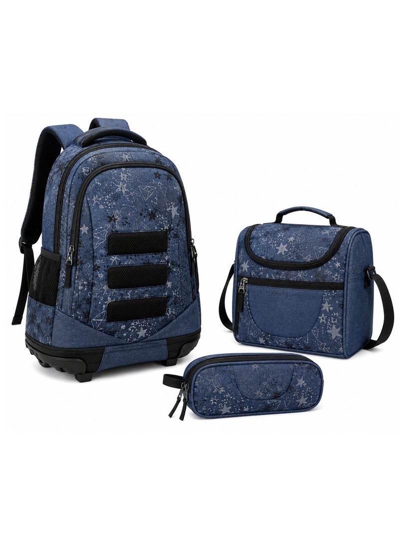 RENOVO 3-Piece Kids Rolling School Backpack Set with Handle – Backpack, Lunch Bag & Pencil Case - Image 1
