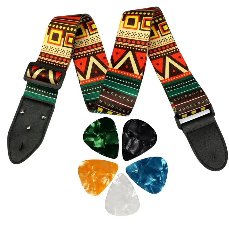 Flare Guitar Strap with 5 Picks Printed Polyester Adjustable Wide Strap for Guitar, Electric, Acoustic Ultra Comfortable Belt - Image 2