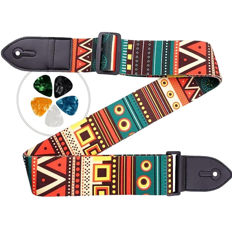 Flare Guitar Strap with 5 Picks Printed Polyester Adjustable Wide Strap for Guitar, Electric, Acoustic Ultra Comfortable Belt - Image 1