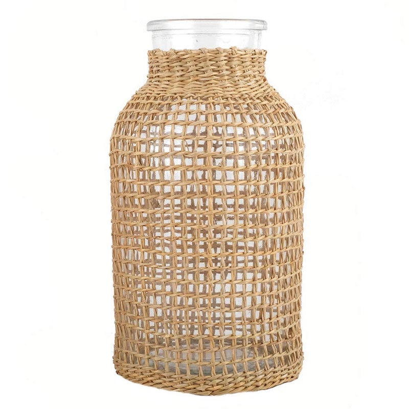 DOITOOL Glass Flower Vase with Rattan Cover, 6.29" Tall Rattan Vase, Wicker for Flowers, Boho Decor, Bud Vintage Country for Home Table Centerpiece, Farmhouse Decoration (S) - Image 1