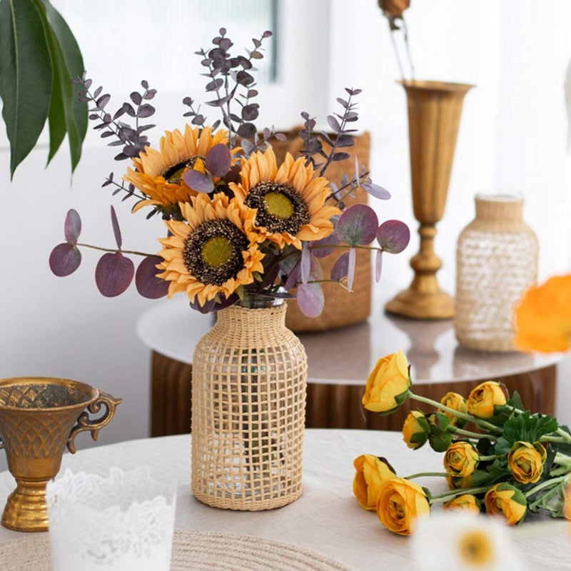 DOITOOL Glass Flower Vase with Rattan Cover, 6.29" Tall Rattan Vase, Wicker for Flowers, Boho Decor, Bud Vintage Country for Home Table Centerpiece, Farmhouse Decoration (S) - Image 2