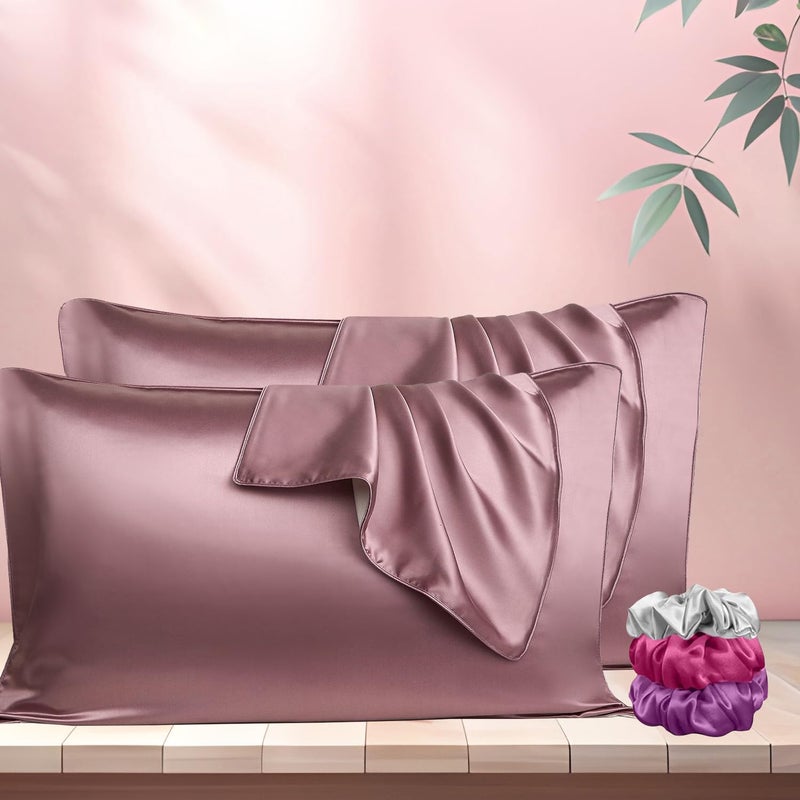 Canway CANWAY 2 Pieces Satin Silk Pillow Cases and Free 3 Pieces Silk Scrunchies, Super Soft Envelope End Design Pillow Cover, Good for Hair and Skin (Rose Pink) (28x18 Inches)  - Image 1