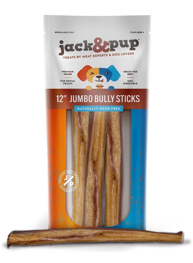 Jack&Pup Jumbo 12" Bully Sticks For Dogs | Odor Free Bully Sticks For Large Dogs | All Natural Beef Pizzle Sticks (12" Jumbo, 3 Pack) - Image 1