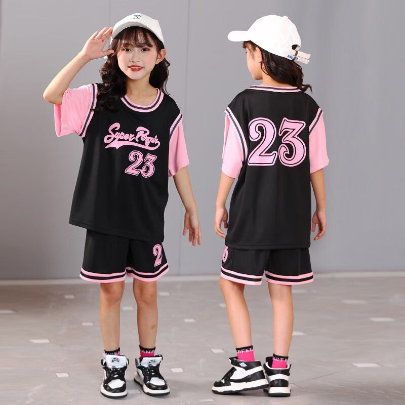 Girls Basketball Clothes Suit Children'S Jersey Girls Pink Fake Two-Piece Short-Sleeved Girls With Sleeves Performance Clothes Number - Image 2