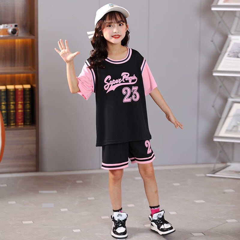 Girls Basketball Clothes Suit Children'S Jersey Girls Pink Fake Two-Piece Short-Sleeved Girls With Sleeves Performance Clothes Number - Image 5