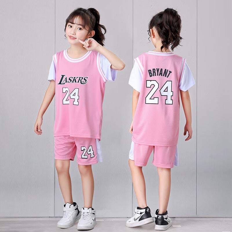 Girls Basketball Clothes Suit Children'S Jersey Girls Pink Fake Two-Piece Short-Sleeved Girls With Sleeves Performance Clothes Number - Image 1