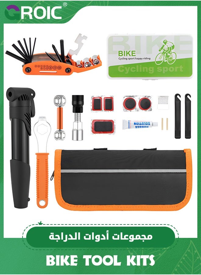 GROIC Bicycle Repair Bag & Bicycle Tire Pump, Home Bike Tool Portable Patches Fixes, Inflator, Maintenance for Camping Travel Essentials Tool Bag Bike Repair Tool Kit Safety Emergency All in One Tool  - Image 1