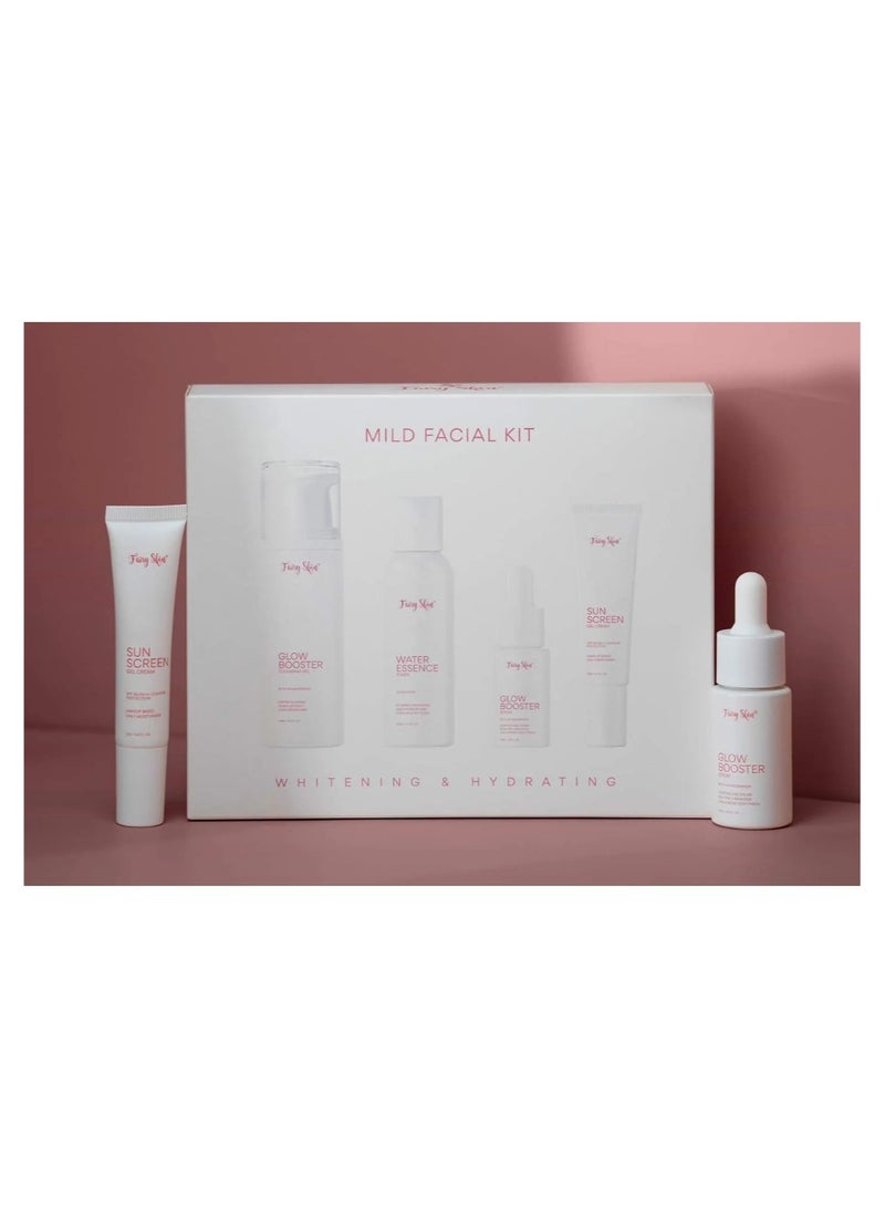 Fairy Skin Mild Facial Kit for Radiant Skin, Ultimate Care with 60ml Glow Booster Cleansing Gel, 60ml Water Essence Toner, 15ml Glow Booster Serum, and 10g Sun-Gel Cream for Pore Minimization.