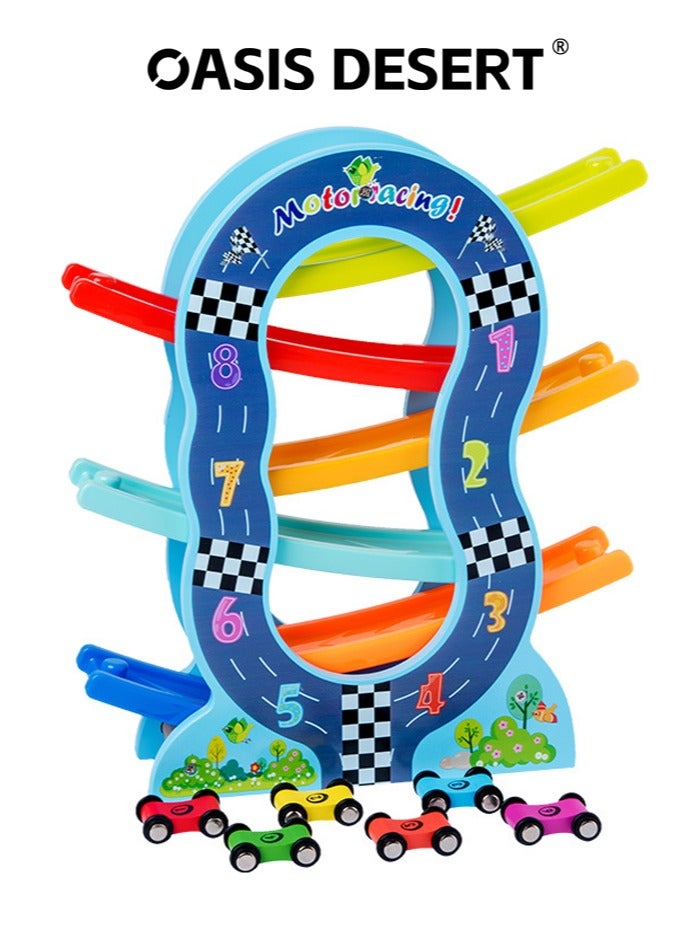 OASIS DESERT 6 Layer O Shaped Wooden Children's Sliding Racing Game Track Toy Car Set Includes 6 Racing Cars - Image 1