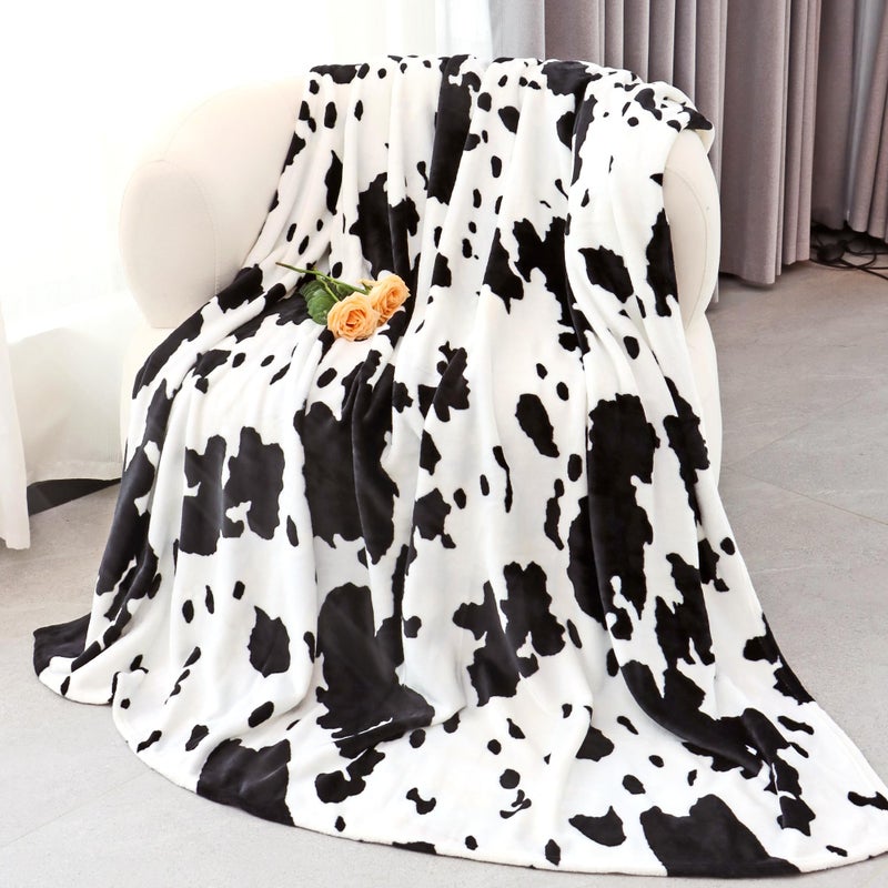 Cow Print Blanket for Women Men Soft Warm Cozy Fleece Throw Blanket for Couch Bed Decor Cow Print Gifts for Women Teens Girls Kids Mom Boys Black White 50x60 Inches