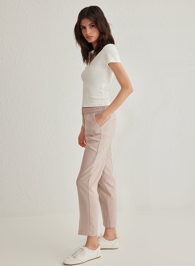 trendyol Beige Back Elastic Waist Striped Straight Cut Woven Trousers - Image 3