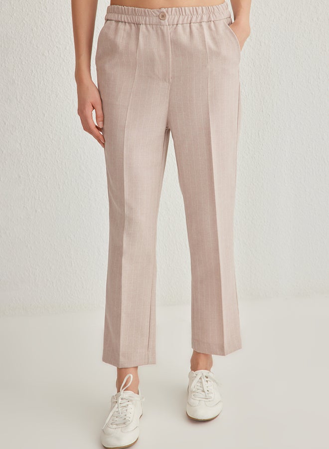trendyol Beige Back Elastic Waist Striped Straight Cut Woven Trousers - Image 4