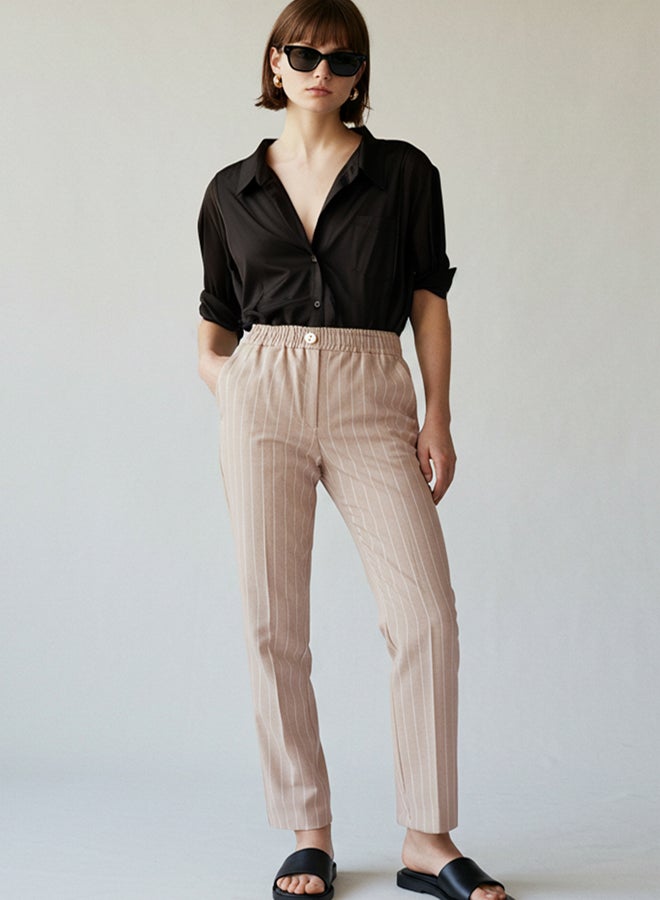 trendyol Beige Back Elastic Waist Striped Straight Cut Woven Trousers - Image 1