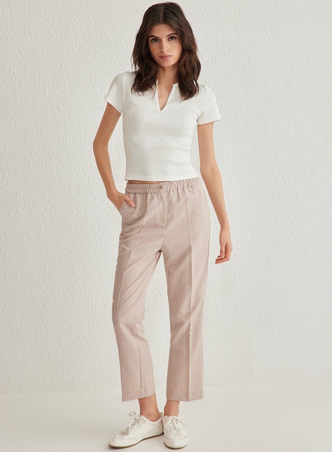 trendyol Beige Back Elastic Waist Striped Straight Cut Woven Trousers - Image 2