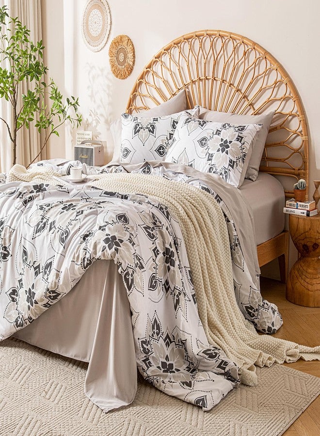 ARTALL Twin Comforter Set, 5 Pcs Bed in a Bag Comforter Twin Size, Classic Luxury Floral All Season Soft Bedding Set Twin with Comforter, Fitted Sheet, Flat Sheet, Pillowcase & Sham, Grey and White - Image 3