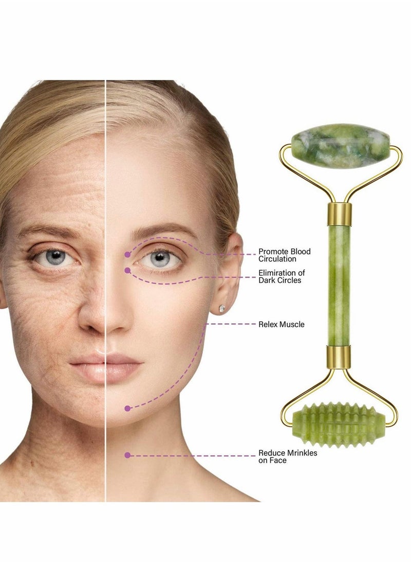 إسكدنيا 4 قطع من أدوات تدليك الوجه بكرة اليشم مع أدوات جوا شا للتدليك لمكافحة الشيخوخة والتجاعيد للوجه والعين والرقبة، فكرة هدية جيدة، كرة خضراء ذات حواف، بكرة اليشم الخضراء - Image 2