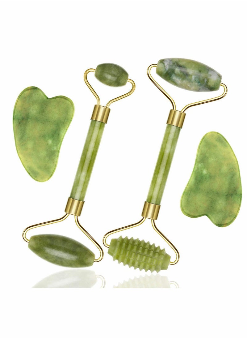 إسكدنيا 4 قطع من أدوات تدليك الوجه بكرة اليشم مع أدوات جوا شا للتدليك لمكافحة الشيخوخة والتجاعيد للوجه والعين والرقبة، فكرة هدية جيدة، كرة خضراء ذات حواف، بكرة اليشم الخضراء - Image 1