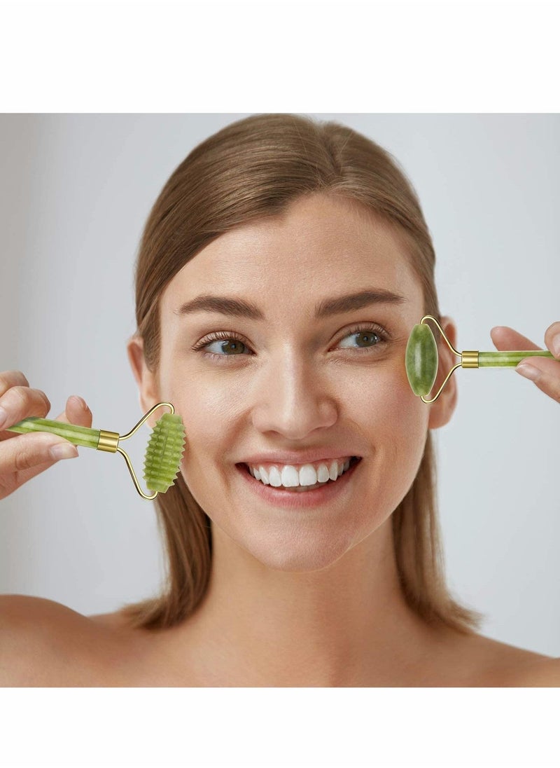 إسكدنيا 4 قطع من أدوات تدليك الوجه بكرة اليشم مع أدوات جوا شا للتدليك لمكافحة الشيخوخة والتجاعيد للوجه والعين والرقبة، فكرة هدية جيدة، كرة خضراء ذات حواف، بكرة اليشم الخضراء - Image 4