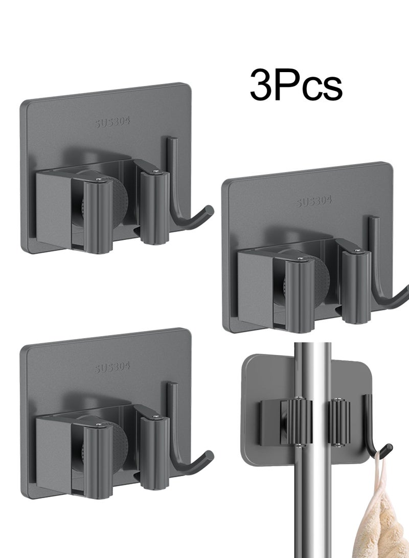 3 Pcs Self Adhesive Stainless Steel Broom Storage with Rack and Hook - Image 1